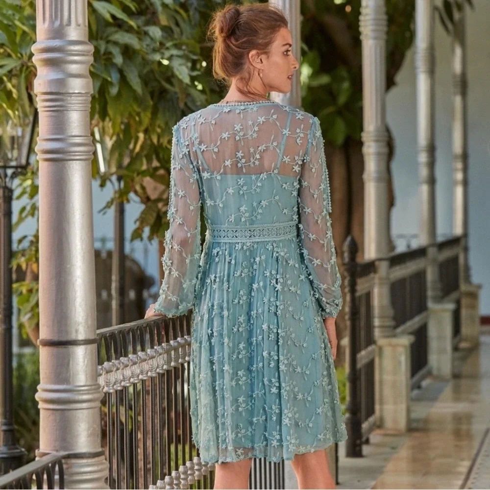 Sundance Blue Embroidered Mesh Lace Empire Waist Dress Sz 16 Boho Cottagecore - Picture 2 of 12